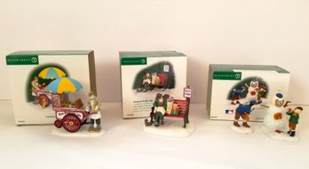 Dept 56 In The City Series: Full Count, Asleep At The Bus Stop & Pretzel Cart Figurines - W/boxes  (lot G)