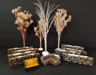 Department 56 Winter Village Accessories: Trees, Stone Walls & 2 Benches