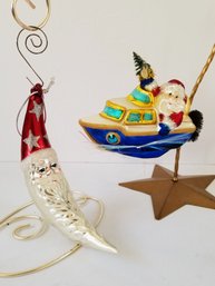 Department 56 Hand Blown Glass Half Moon Santa & Speed Boat Santa Clause Ornaments (lot I)