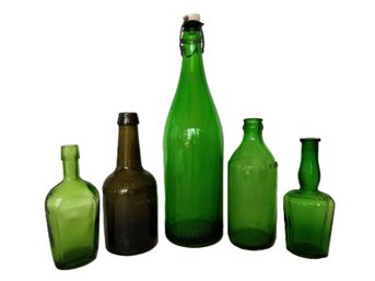 Five Antique & Vintage Green Glass Bottles: Hoffman Beverage, Citrate Of Magnesia & Johahn Hoff Berlin