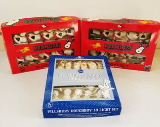 Vintage 1980s Kurt S Adler Peanuts Snoopy & Pillsbury Dough Boy Christmas Lights Sets