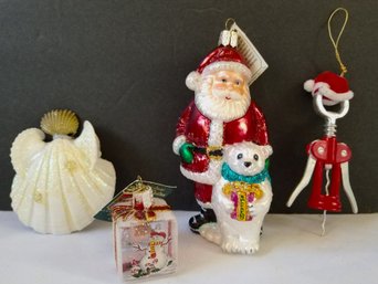 Set Of 4 Glass Old World Christmas & Angel Seashell & Plastic 'Bottle Opener Santa' Ornaments W/box (Lot 20)