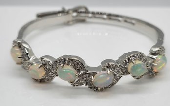 Beautiful Ethiopian Welo Opal, White Zircon Bangle Bracelet In Platinum Over Sterling