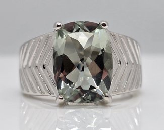 Green Prasiolite, Rhodium Over Sterling Ring