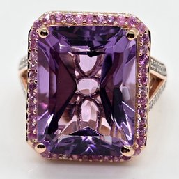 Premium Rose De France Radiant Cut Amethyst, Multi-Gemstone Ring In Rose Gold Over Sterling