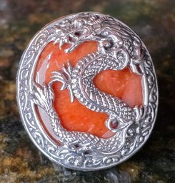 Bali, Red Jade Dragon Ring In Sterling