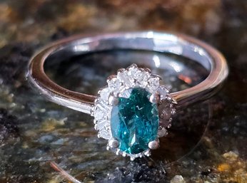 Ocean Apatite, Diamond Halo Ring In Platinum Over Sterling