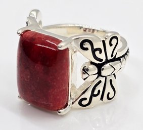 Coral Dragonfly Ring In Rhodium Over Sterling