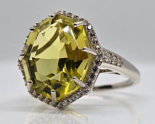 Brazilian Green Gold Quartz, White Zircon Ring In Platinum Over Sterling