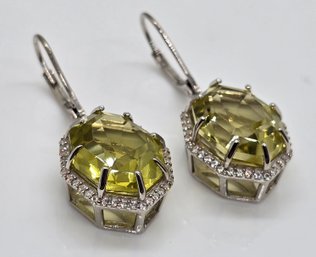 Brazilian Green Gold Quartz, White Zircon Lever Back Earrings In Platinum Over Sterling