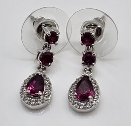 Wine Garnet, White Zircon Dangle Earrings In Rhodium Over Sterling