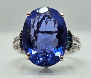 Color Change Fluorite, Blue Diamond, Diamond Ring In Rhodium Over Sterling