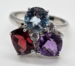 Multi-Gemstone Ring In Platinum Over Sterling