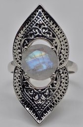 Rainbow Moonstone Elongated Ring In Sterling Silver