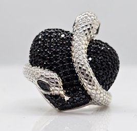 Black Spinel Snake Ring In Rhodium Over Sterling