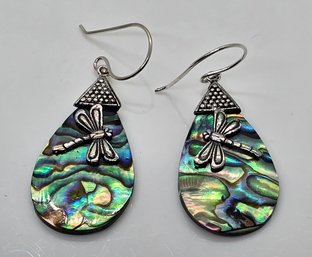 Abalone Shell Dragonfly Drop Earrings In Sterling