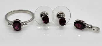 Rhodolite Garnet, White Zircon Ring, Pendant & Earrings In Rhodium Over Sterling