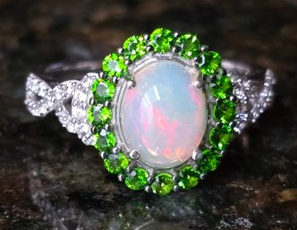 Premium Ethiopian Welo Opal, Multi-Gemstone Halo Ring In Platinum Over Sterling