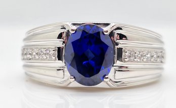 Blue Sapphire, White Zircon, Rhodium Over Sterling Men's Ring