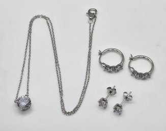 White CZ, Rhodium Over Sterling Pendant Necklace & 2 Sets Of Earrings