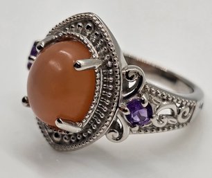 Peach Moonstone, Amethyst Ring In Platinum Over Sterling