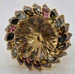 Starburst Cut Brazilian Citrine, Multi-Tourmaline, White Zircon Ring In Yellow Gold Over Sterling