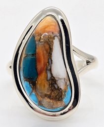 Turquoise And Spiny Oyster Shell Blend Rhodium Over Sterling Ring