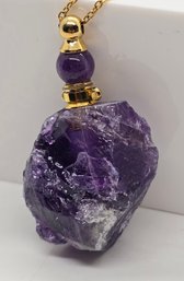 African Amethyst Perfume Bottle Pendant In Gold Tone With Yellow Gold Plated Stainless Necklace