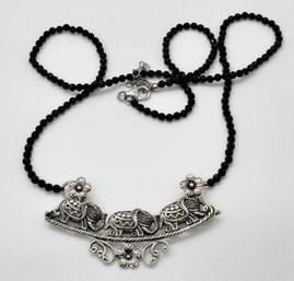 Bali, Black Spinel Beaded Elephant Necklace In Sterling