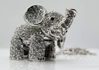 White And Black Austrian Crystal Elephant Pendant Necklace In Silvertone