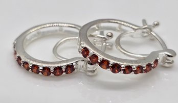 Faux Garnet Color Diamond Hoop Earrings In Sterling