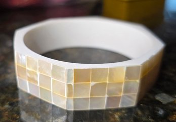 White Mother Of Pearl Inlay Bangle Bracelet With White Inner Resin