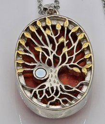 Orange Turquoise Tree Of Life Pendant Necklace In 14k Yellow Gold And Platinum Over With Magnet And Stainless