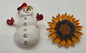 Snowman And Flower Brooches In Goldtone