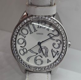 Guess Ladies Watch With White Leather Band