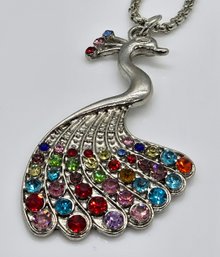 Multicolor Austrian Crystal Peacock Pendant Necklace In Silvertone