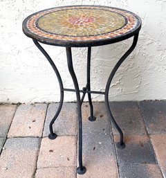 A Pique Assiette Mosaic Top Side Table With Wrought Iron Base