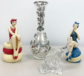 Ceramic Bathing Beauties And A Vintage Sterling Painted Bud Vase