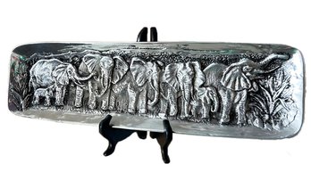 A Vintage Polished Alloy Serving Platter - Elephant Herd In Relief