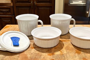 Corningware - Lidded Soup Mugs And Two Souffle Pans