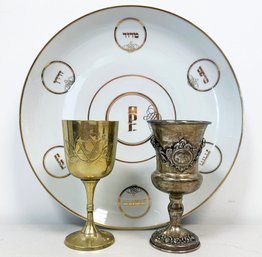 A Limoges Seder Plate And Silver Kiddush Cups