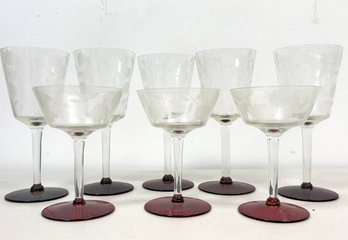 Vintage Etched Glass Wine Goblets And Coup Glasses