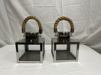 Hurricane Lanterns Pair With Rope Handles