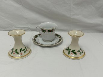 Lenox Candlesticks And Holiday Tea Cup With Saucer