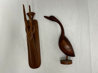 Teak Carved Bird And Antelope