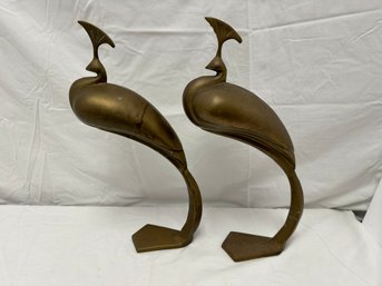 1980'S Dolbi Cashier Large Brass Peacock Sculpture Pair