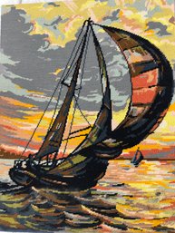 A Needlepoint  Art  Ship At Sunset By Richard Talbot