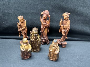 6 Asian Figures, Ceramic And Wood