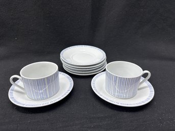 Two Blue Striped Tea Cups And 7 Saucers