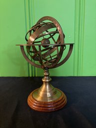 Brass Armillary Sphere Astrolabe On Wooden Base Maritime Nautical & Collectible 11'